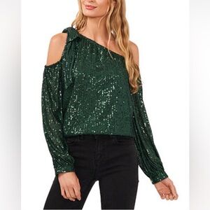 CeCe Women's Emerald Long sleeve Sequin Top w/ bow and cold shoulder Sz med
